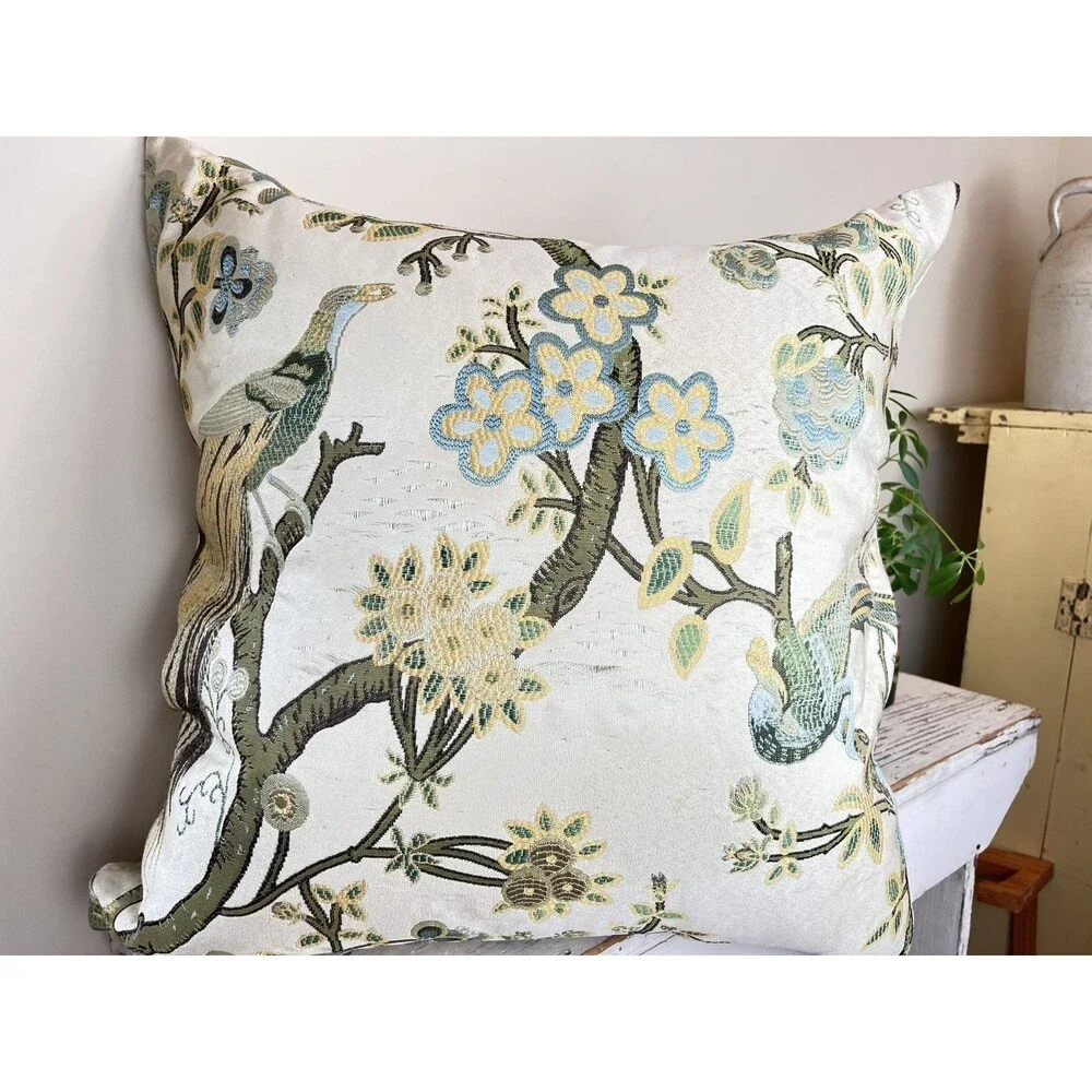 Vintage Hollywood Regency Peacock Flowers And Birds Pillow 22”x22” Estate Decor
